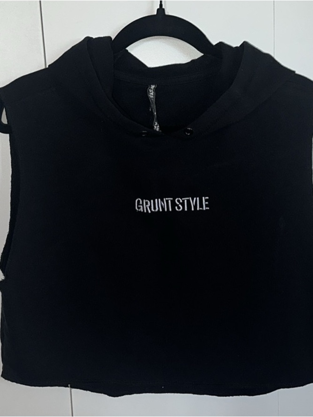 Grunt Style Black Sleeveless Cropped Hoodie with White Logo